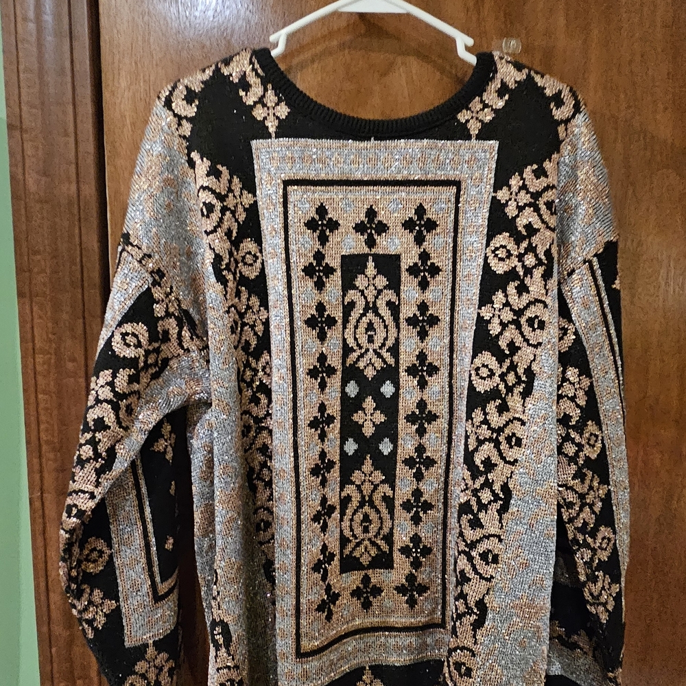 Express Black Sweater with Metallic Rose and Silver Threading